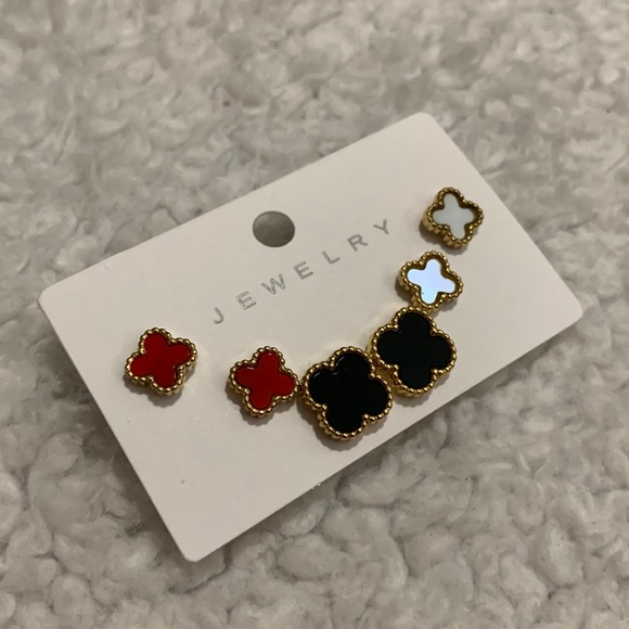 3 Gold Clover Earring Set (Red, Black, and Opal) - Picture 11 of 17